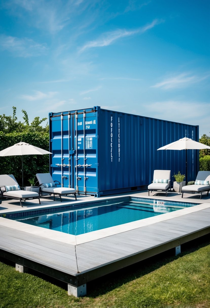 A shipping container converted into a pool, surrounded by a deck with lounge chairs and umbrellas, set against a backdrop of lush greenery and a clear blue sky