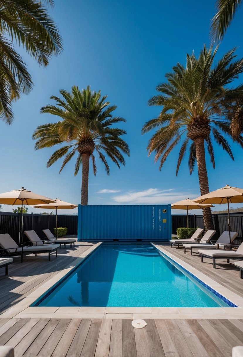 A shipping container converted into a swimming pool, surrounded by a deck with lounge chairs and umbrellas, set against a backdrop of palm trees and a clear blue sky