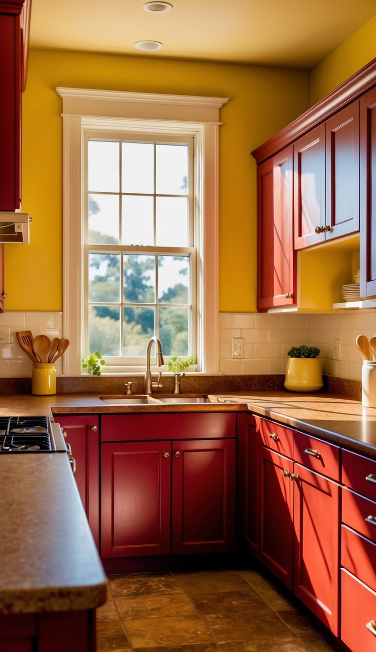 A cozy kitchen with warm color scheme, featuring soft yellow walls, rich red cabinets, and earthy brown countertops. The sunlight streams in through a window, casting a warm glow over the inviting space