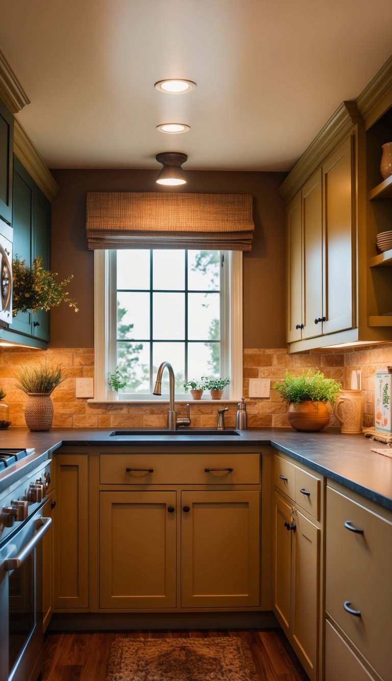 A cozy kitchen with warm color schemes, featuring earthy tones, soft lighting, and inviting decor