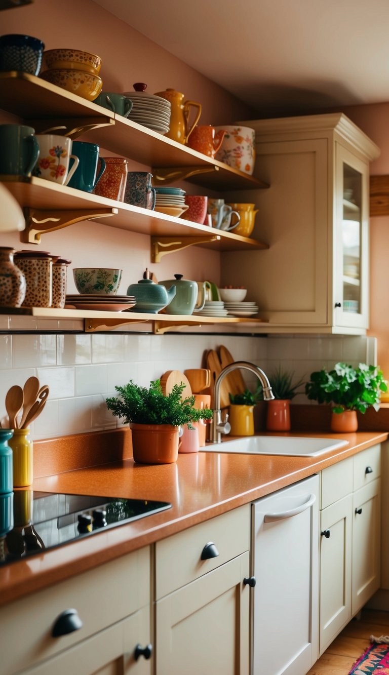 A cozy kitchen with colorful accessories arranged on countertops and shelves. Warm lighting and inviting atmosphere