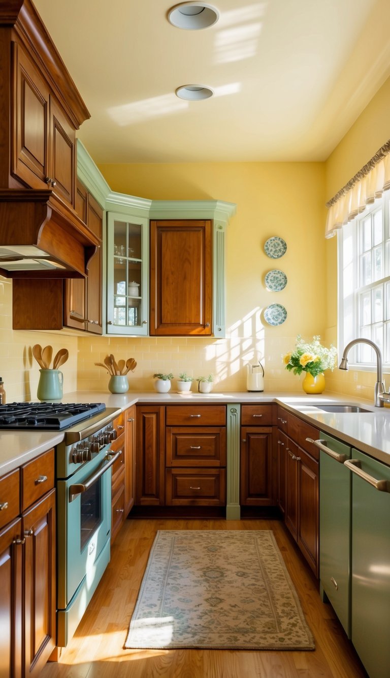 A warm, inviting kitchen with soft yellow walls, rich wooden cabinets, and accents of sage green and cream. The sunlight streams in through a window, casting a cozy glow over the room