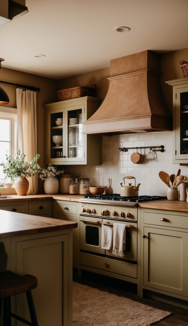 A warm, inviting kitchen with soft, earthy tones. Cozy lighting and rustic decor add to the comforting atmosphere