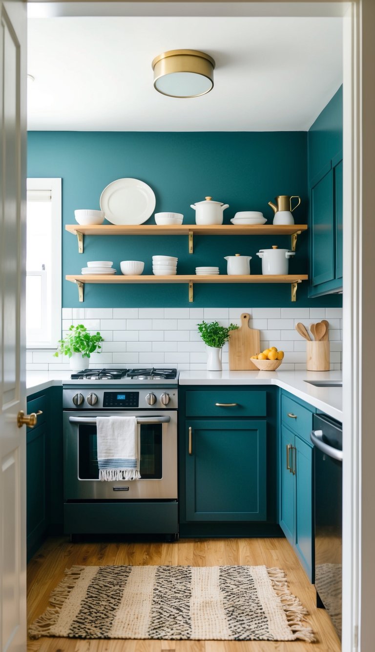 A small kitchen with updated paint, new hardware, and organized shelves, all done within a $100 budget