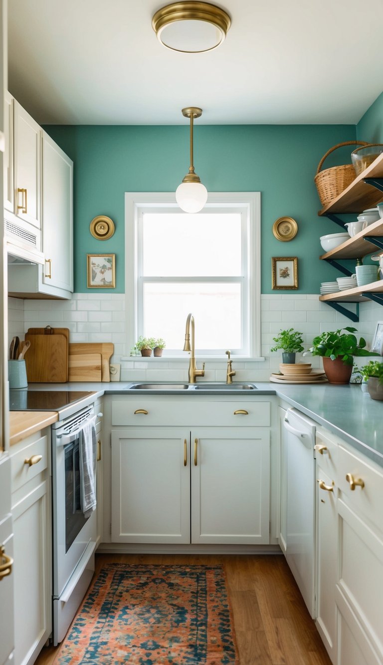 A cluttered, outdated kitchen transformed with fresh paint, new hardware, and organized shelves