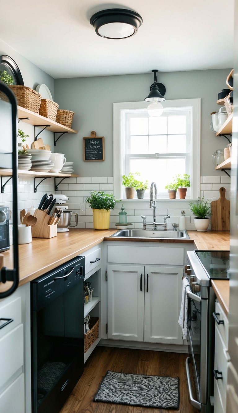 A cluttered, tiny kitchen transformed with new paint, shelves, and organization under $100