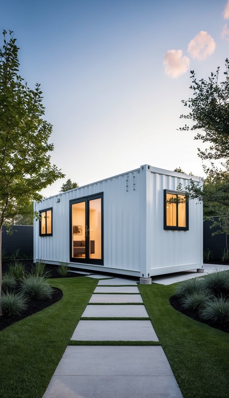 A modern white shipping container house surrounded by greenery and minimalist landscaping