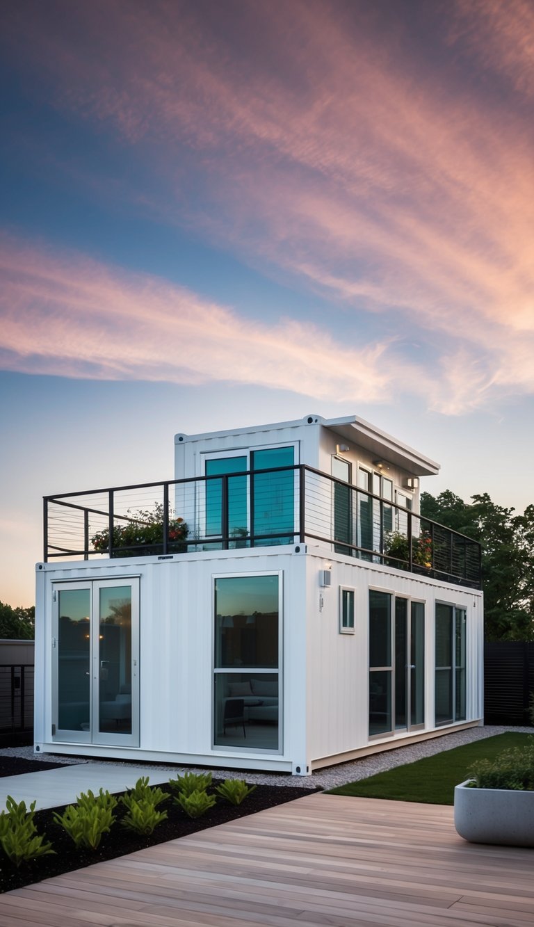 A modern white shipping container house with large windows and a rooftop garden