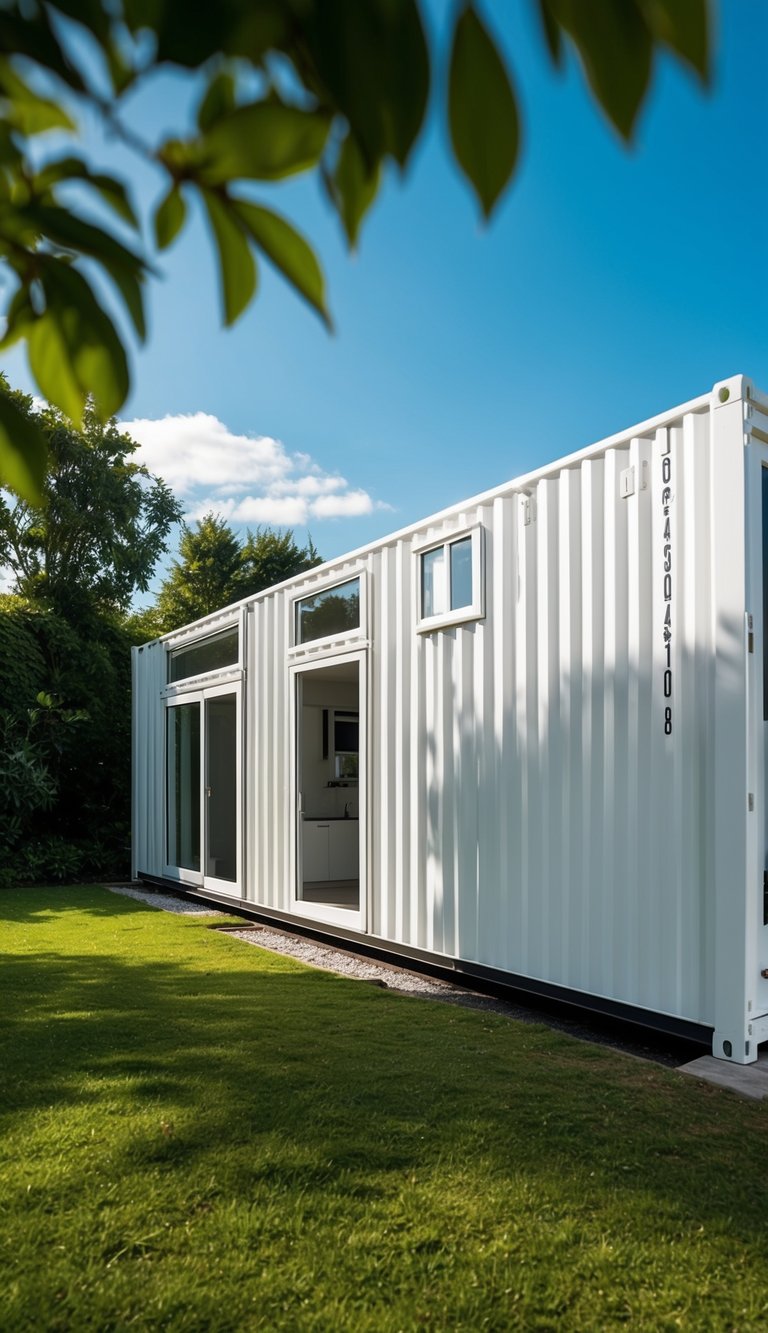 A modern white shipping container house surrounded by greenery and under a clear blue sky