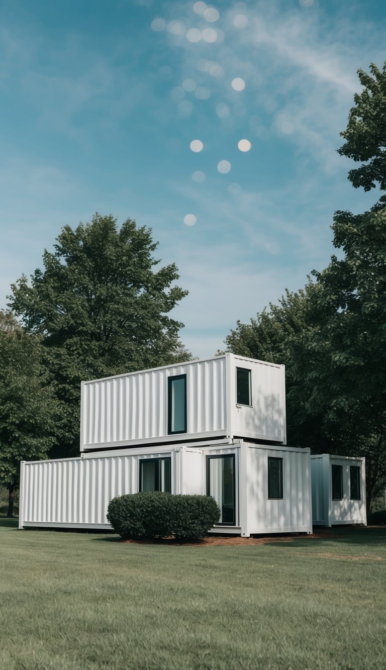 A cluster of white shipping container homes nestled among green trees under a clear blue sky