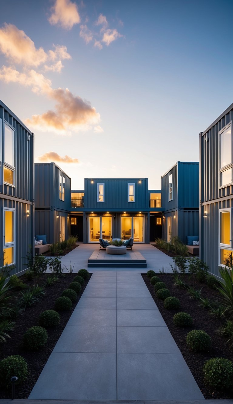 A courtyard with 11 shipping container homes arranged in a unique and modern design, featuring various architectural elements and landscaping