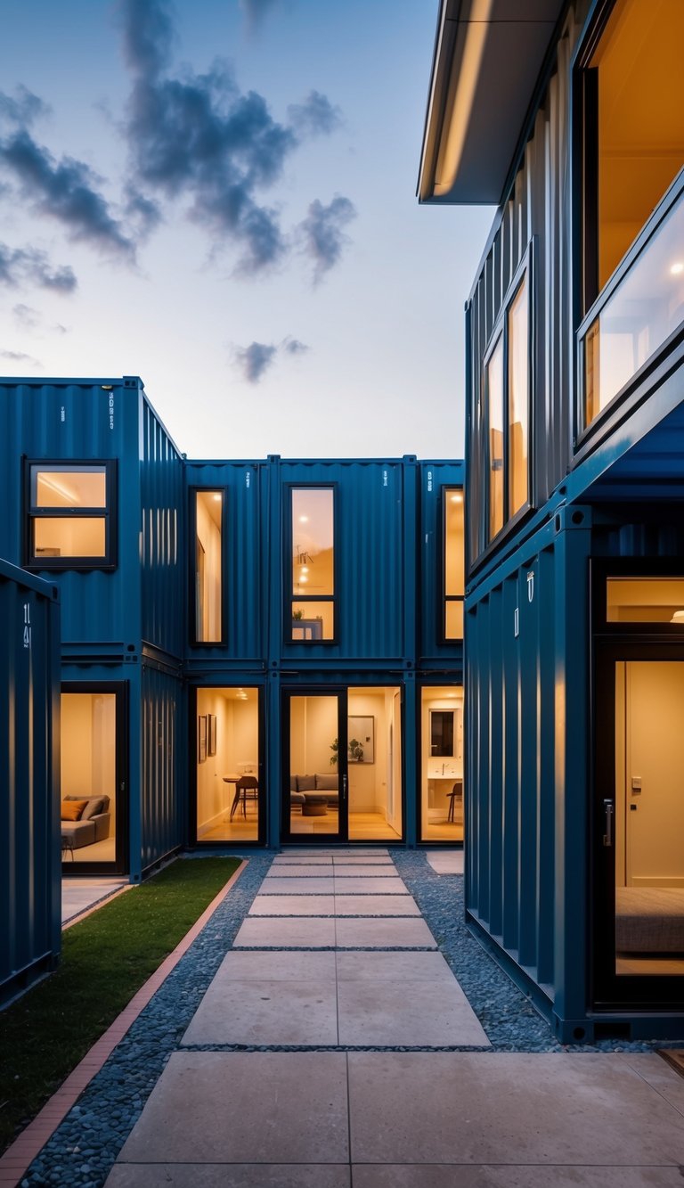 A courtyard surrounded by shipping container homes with various design elements and plans visible