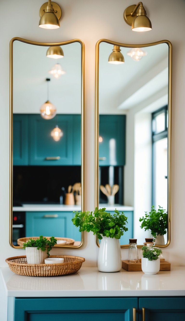 Mirrors placed to create illusion of space in a stylish, small kitchen