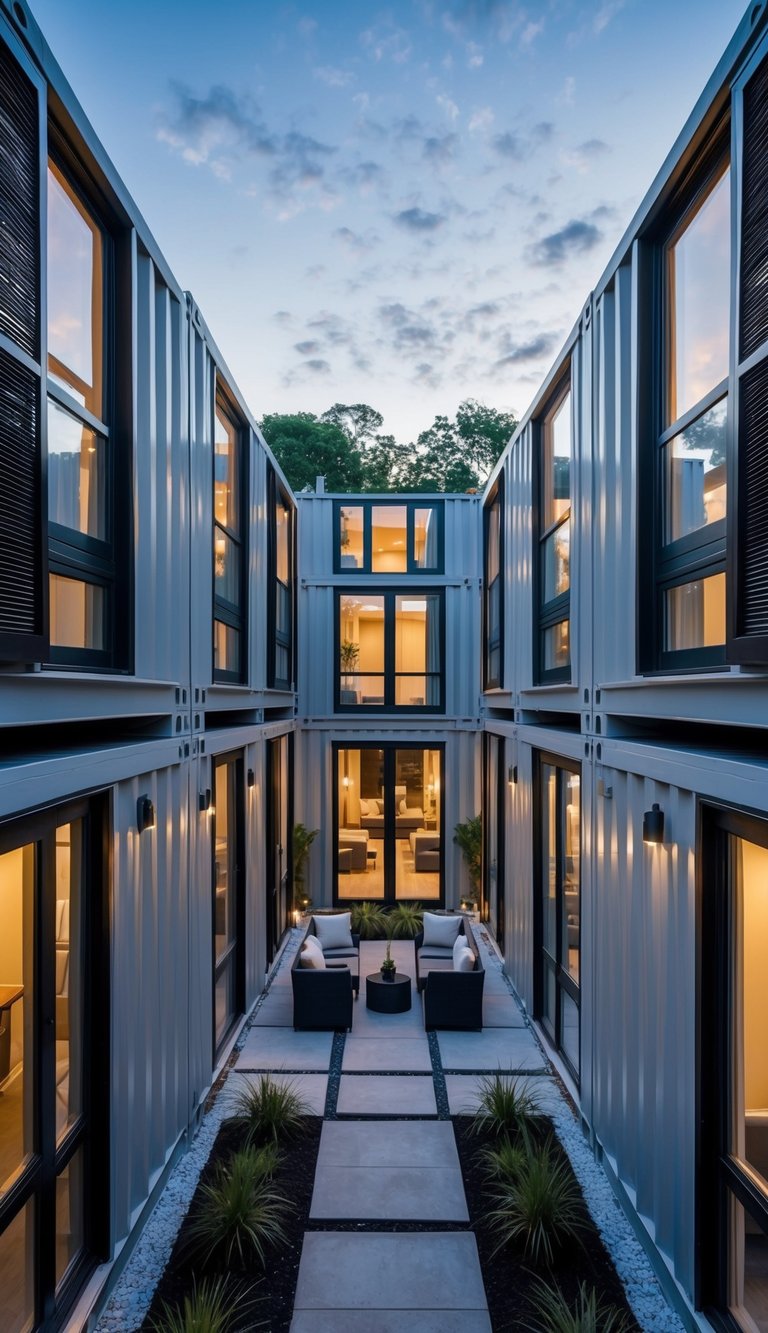 A courtyard home made from shipping containers, with multiple containers arranged in a U-shape around a central outdoor space. Each container has large windows and sliding doors, and the courtyard is landscaped with plants and seating areas