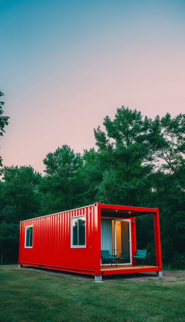 A vibrant red shipping container home nestled among green trees under a clear blue sky