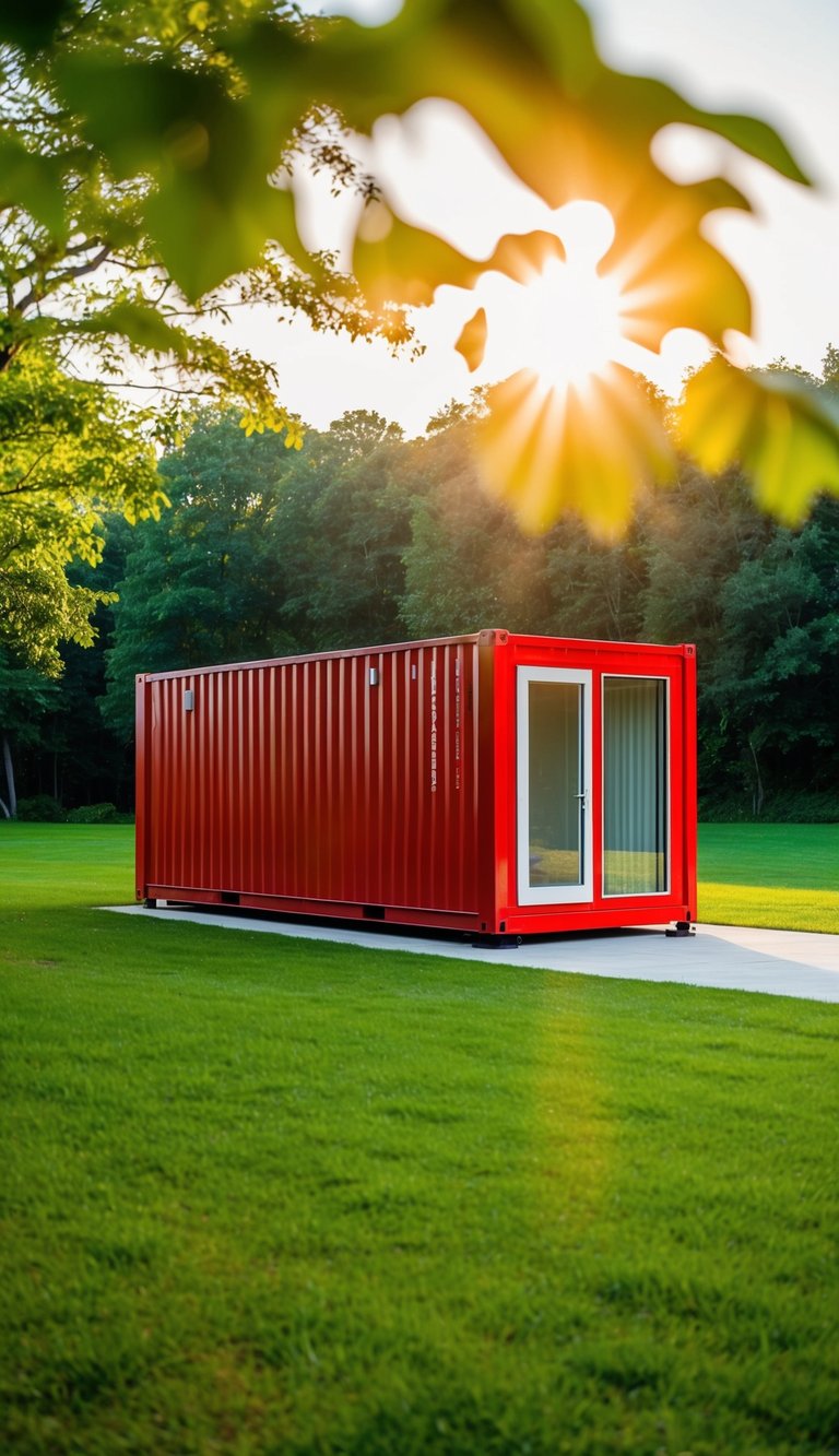 A vibrant red shipping container house stands out against a lush green landscape, with sunlight casting a warm glow on its sleek, modern design