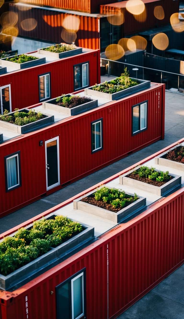 Five red container houses arranged in a row, each with unique design features like rooftop gardens and large windows