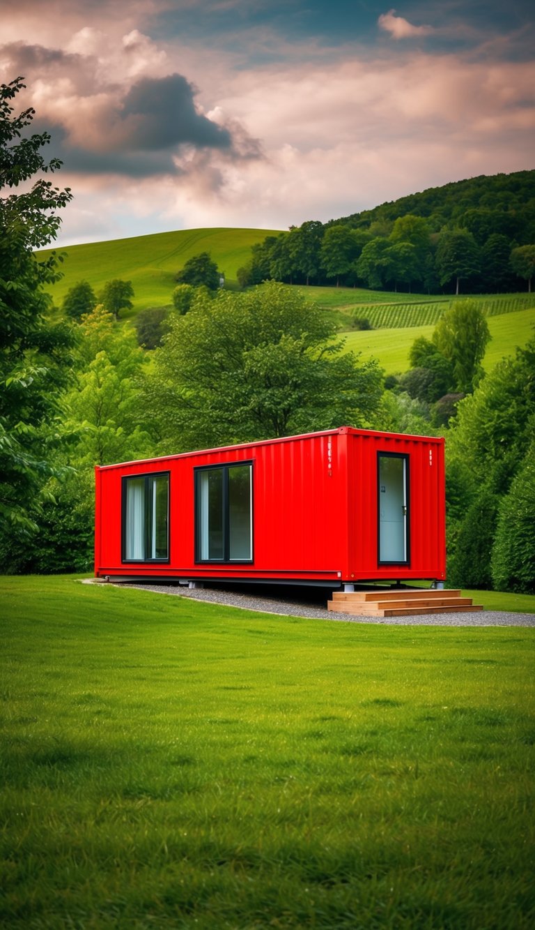 A vibrant red container house nestled among lush green trees and rolling hills