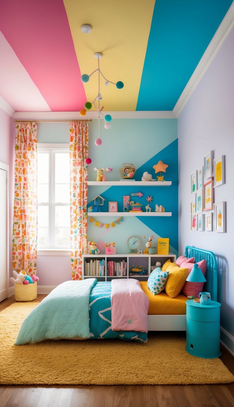 A bright and cheerful kids' bedroom with a mix of vibrant colors and soft pastels, creating a playful and inviting atmosphere