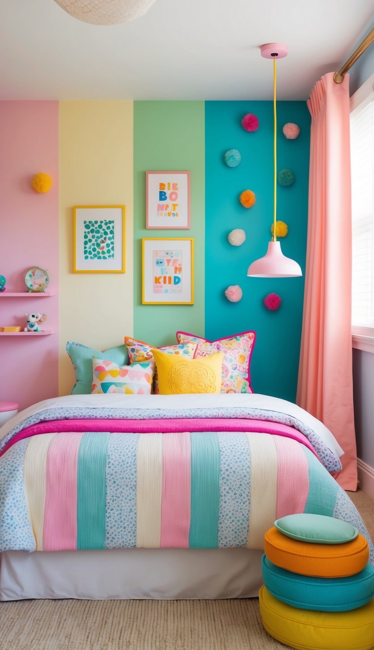 A cozy kids' bedroom with vibrant color schemes, featuring a playful mix of pastel tones and bright accents, creating a cheerful and inviting atmosphere