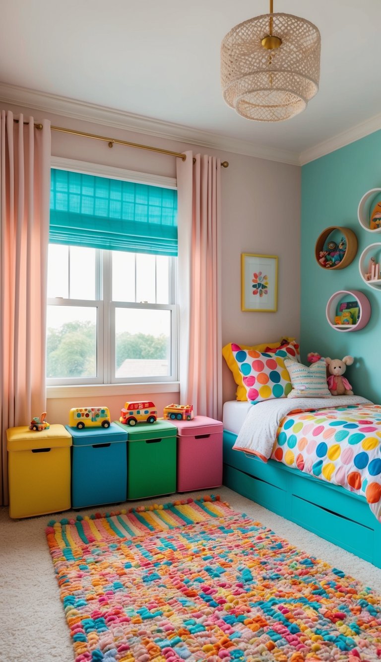 A cozy kids' bedroom with soft pastel walls, colorful toy storage, and bright, playful bedding