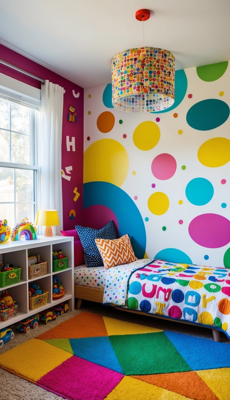 A cozy kids' bedroom with vibrant primary colors, playful patterns, and whimsical wall decals. Toy-filled shelves and a colorful rug complete the cheerful space