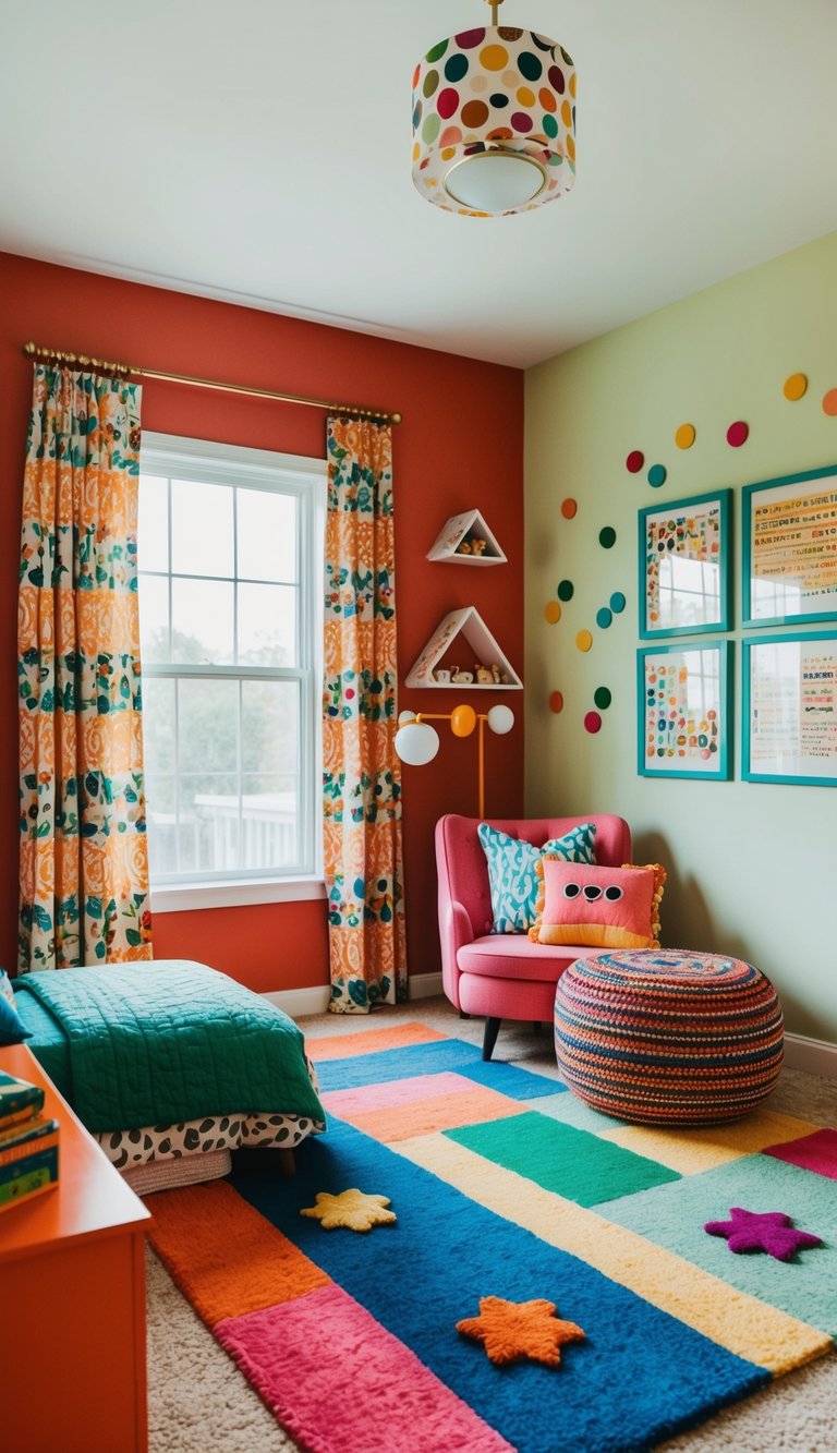 A cozy kids bedroom with vibrant color schemes, featuring playful accessories like colorful rugs, patterned curtains, and whimsical wall art