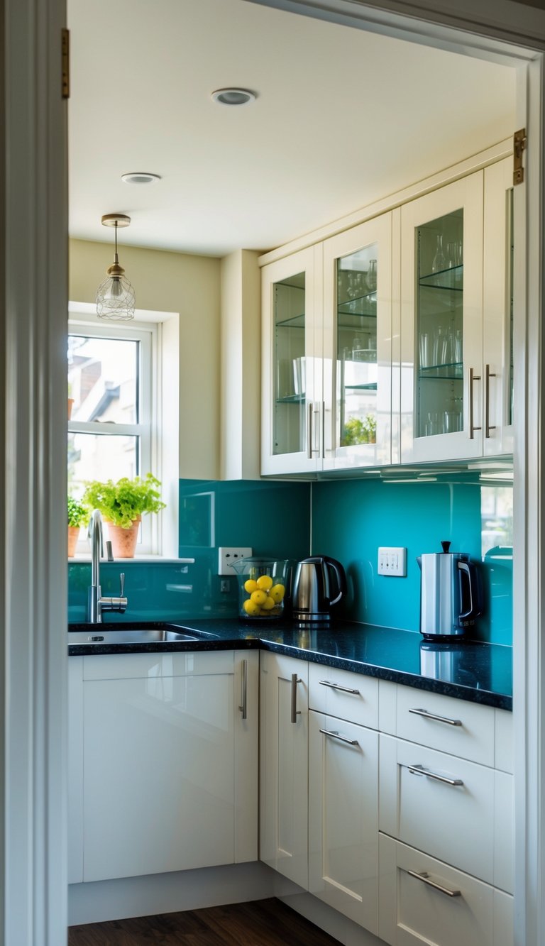 A small kitchen with newly installed glass cabinet doors, reflecting light and creating a sense of spaciousness and elegance