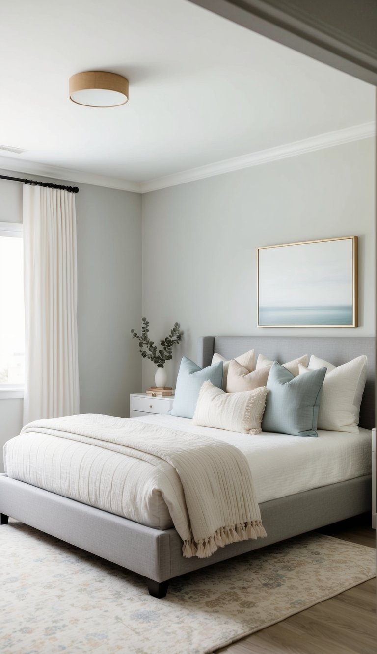 A serene master bedroom with a neutral color scheme, featuring soft grays, whites, and pastel blues. A cozy bed with plush pillows, a warm rug, and minimalistic decor create a tranquil atmosphere