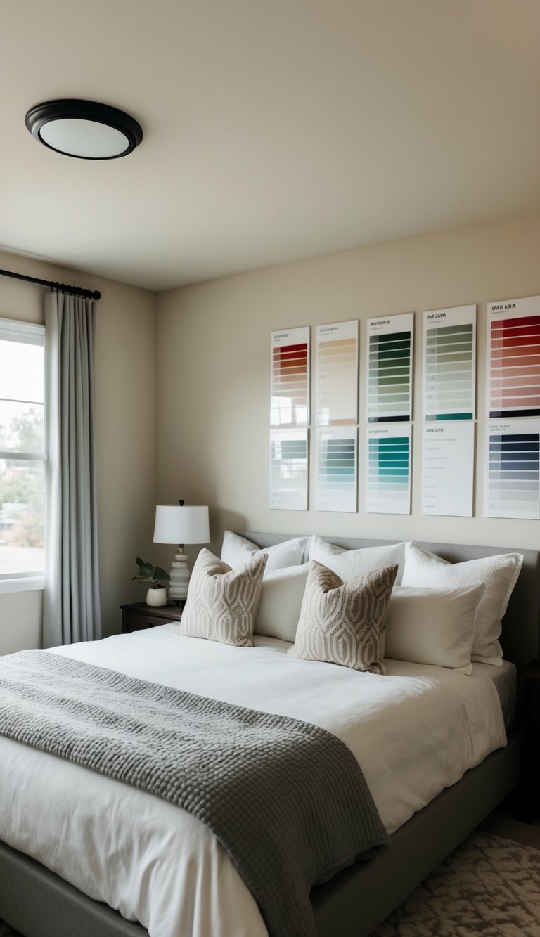 A cozy bedroom with a large bed, soft lighting, and various color swatches displayed on the wall