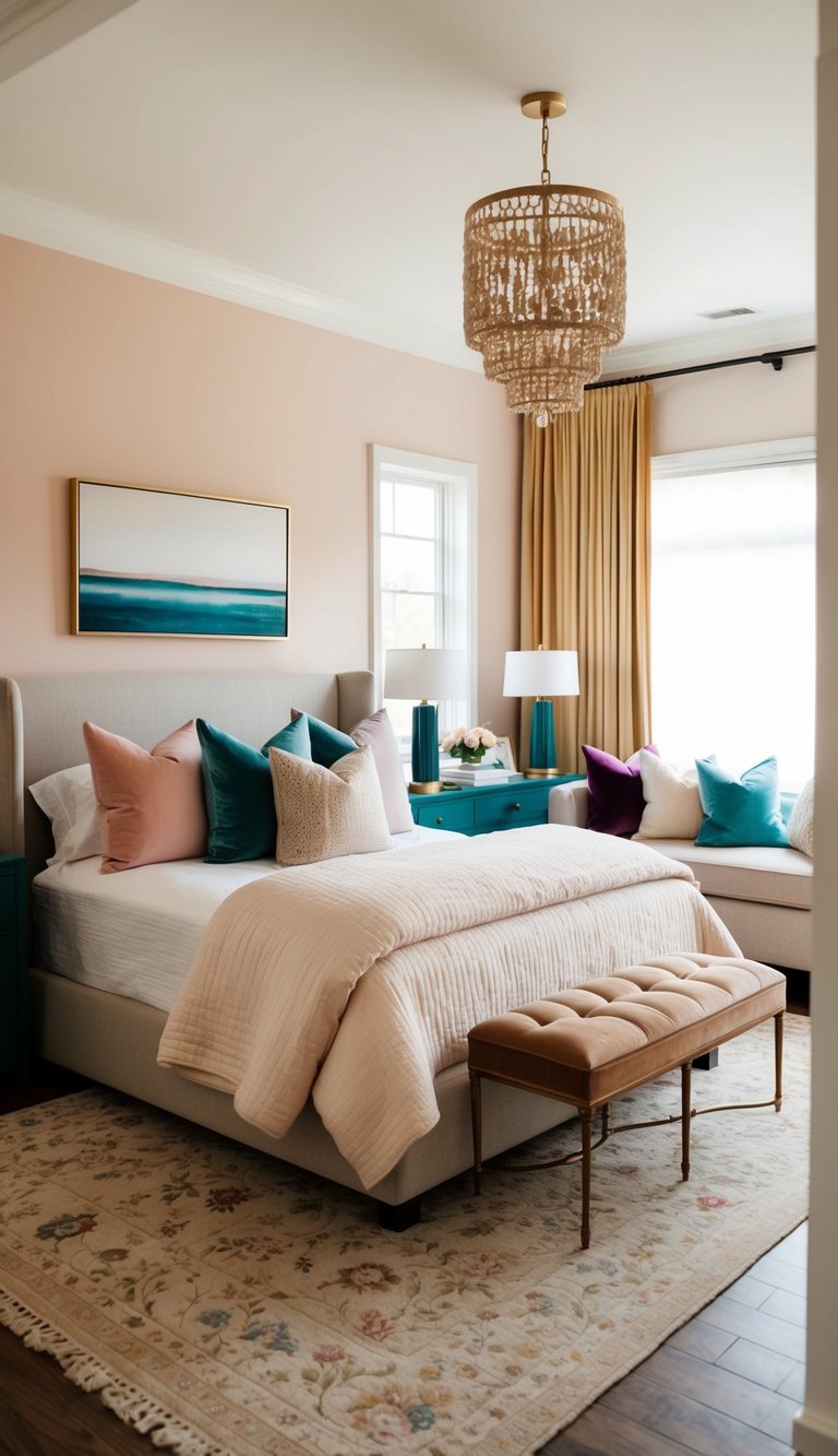 A cozy master bedroom with a variety of color schemes, including soft pastels, warm neutrals, and rich jewel tones, creating a tranquil and inviting atmosphere