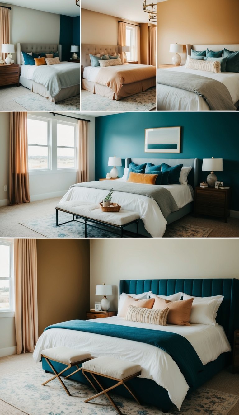 A cozy master bedroom with a variety of color schemes, including warm neutrals, cool blues, and soft pastels. The room is well-lit and features a comfortable bed with stylish bedding