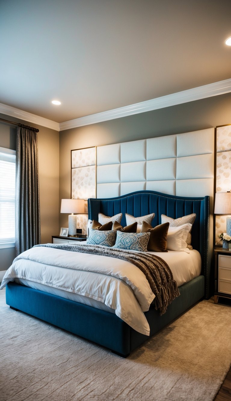 A spacious master bedroom with a large, elegant bed as the focal point, adorned with accent features such as decorative pillows, a cozy throw blanket, and a statement headboard. Rich color schemes create a luxurious and inviting atmosphere