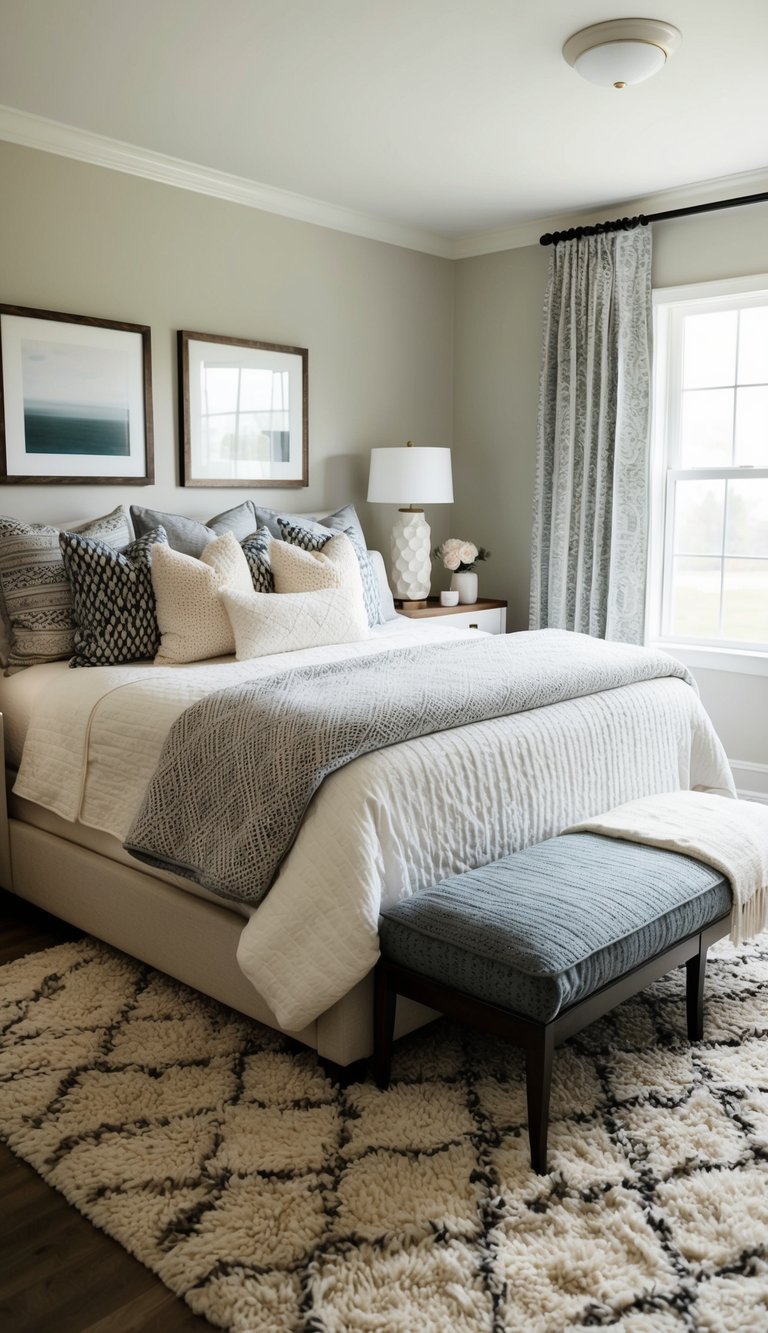 A cozy master bedroom with a mix of patterns and textures, including a plush area rug, textured throw pillows, and patterned curtains in a calming color scheme