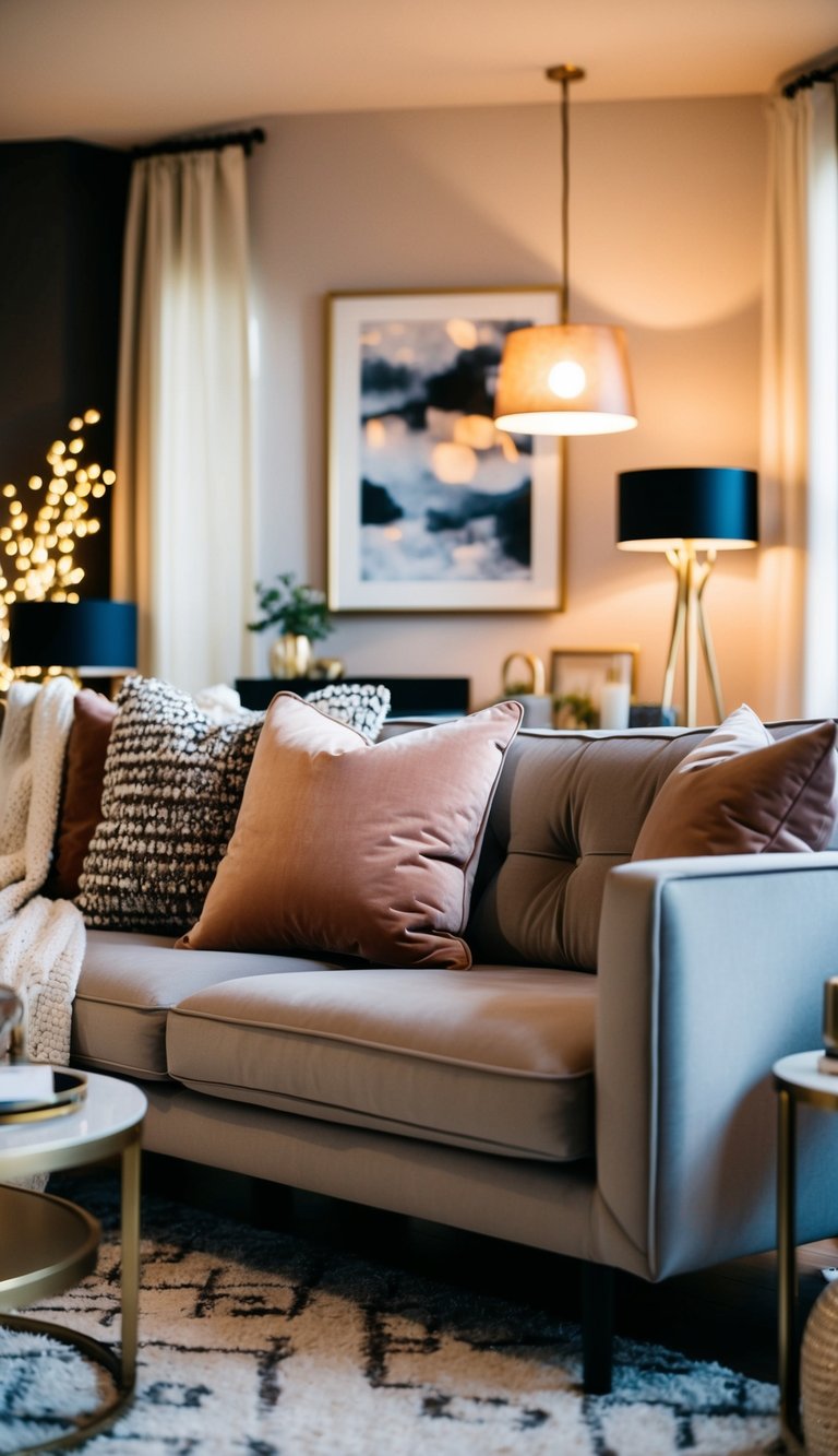 A cozy living room with a plush velvet throw pillow on a modern sofa surrounded by stylish accessories and warm lighting