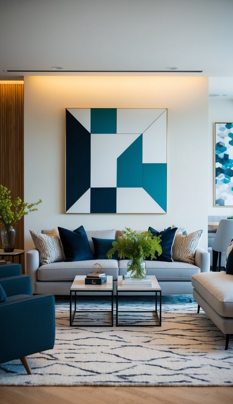 A modern living room with a large geometric wall art piece as the focal point, surrounded by other stylish accessories