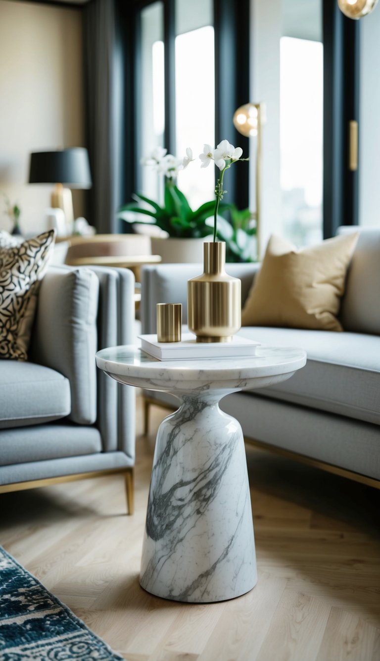 A modern living room with a marble side table, surrounded by stylish accessories and furniture