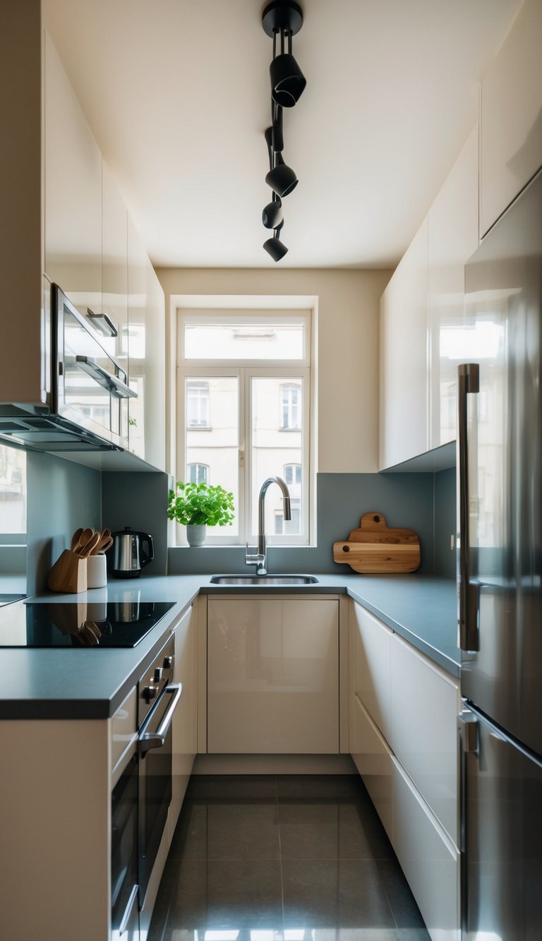 A small kitchen with clever storage solutions, light colors, and reflective surfaces to create a spacious and elegant atmosphere