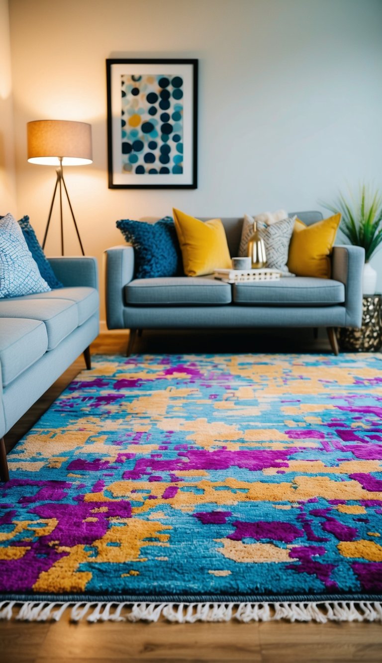 A cozy living room with a colorful abstract area rug, surrounded by stylish accessories like throw pillows, a decorative vase, and a modern lamp