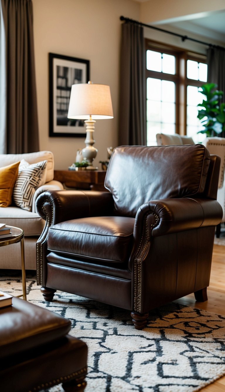 A leather armchair sits in a cozy living room, surrounded by stylish accessories