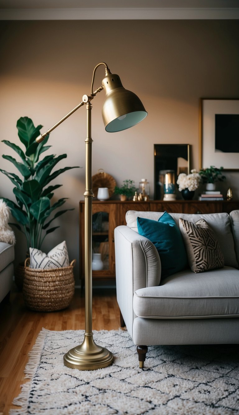 A cozy living room with a brass floor lamp standing next to a plush sofa, surrounded by stylish decor and accessories