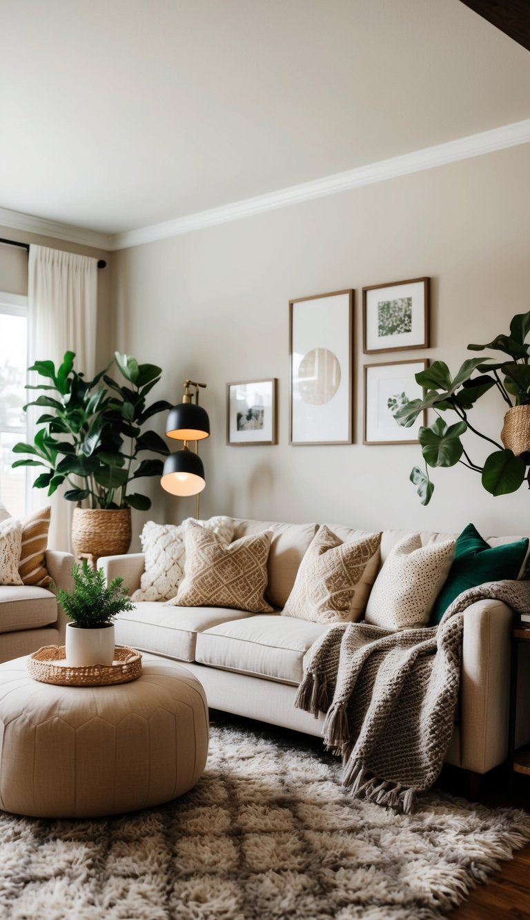 A cozy living room with a plush rug, decorative pillows, wall art, potted plants, throw blankets, and stylish lamps