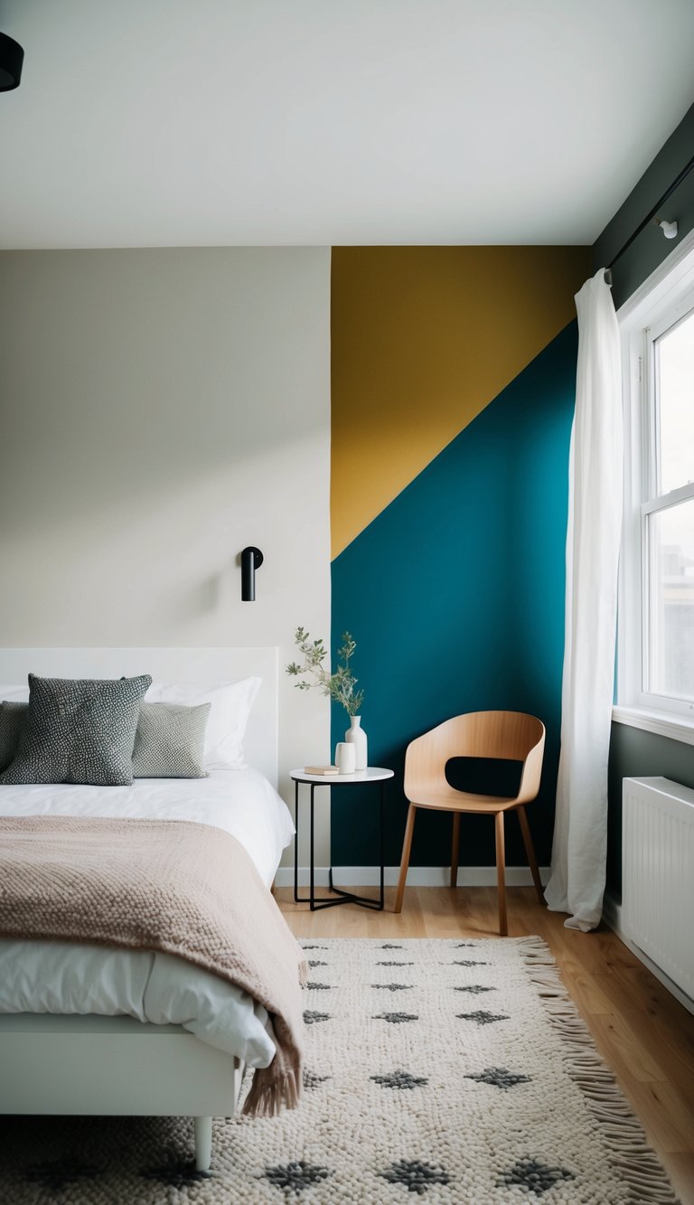 A small bedroom with a bold, painted feature wall in a contrasting color, surrounded by minimalistic furniture and decor