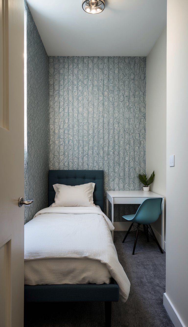 A small bedroom with a single bed and a desk, decorated with peel-and-stick wallpaper in a modern and stylish pattern