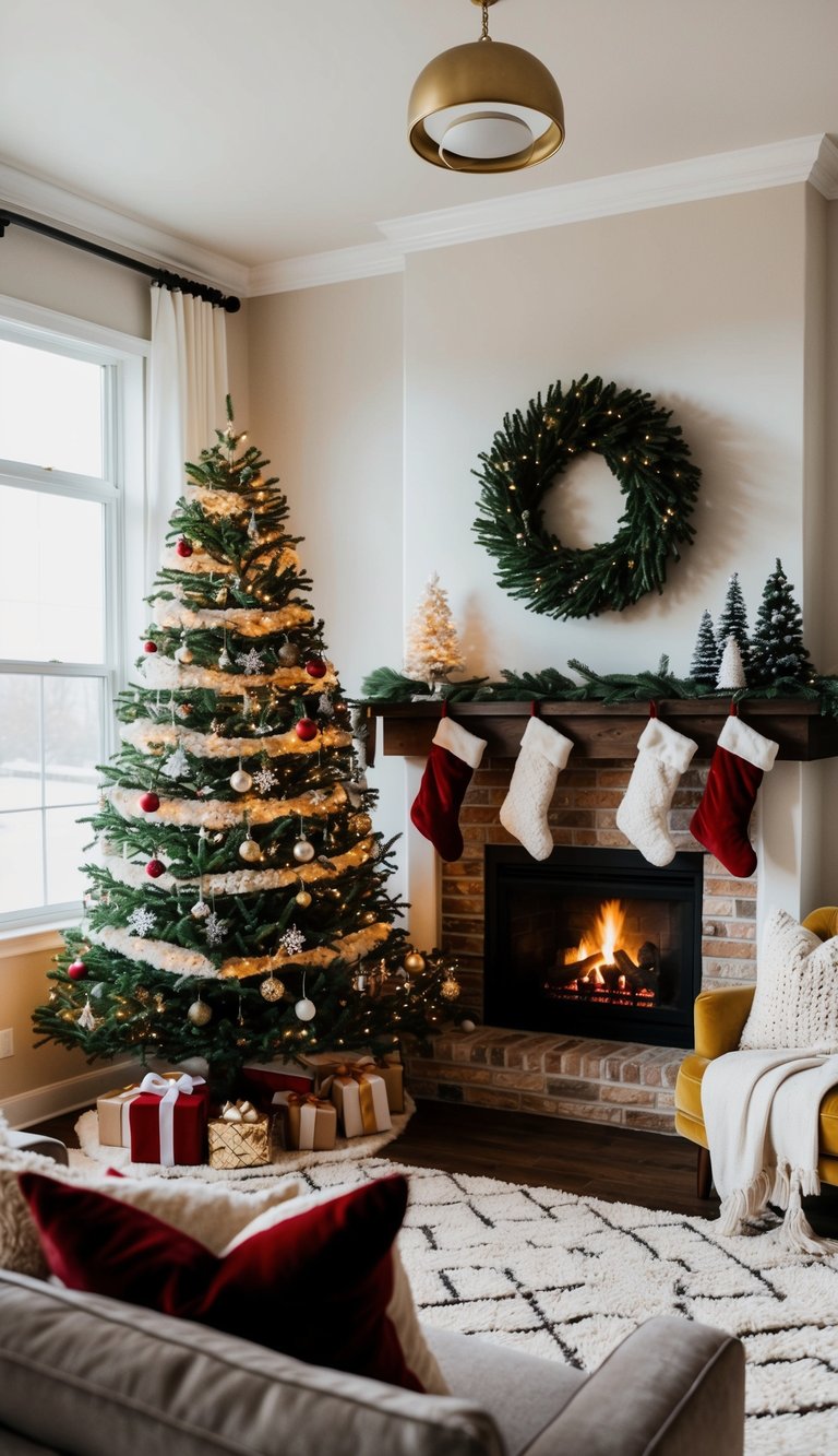 A cozy living room with a crackling fireplace, twinkling Christmas tree, festive stockings, and plush holiday pillows and throws