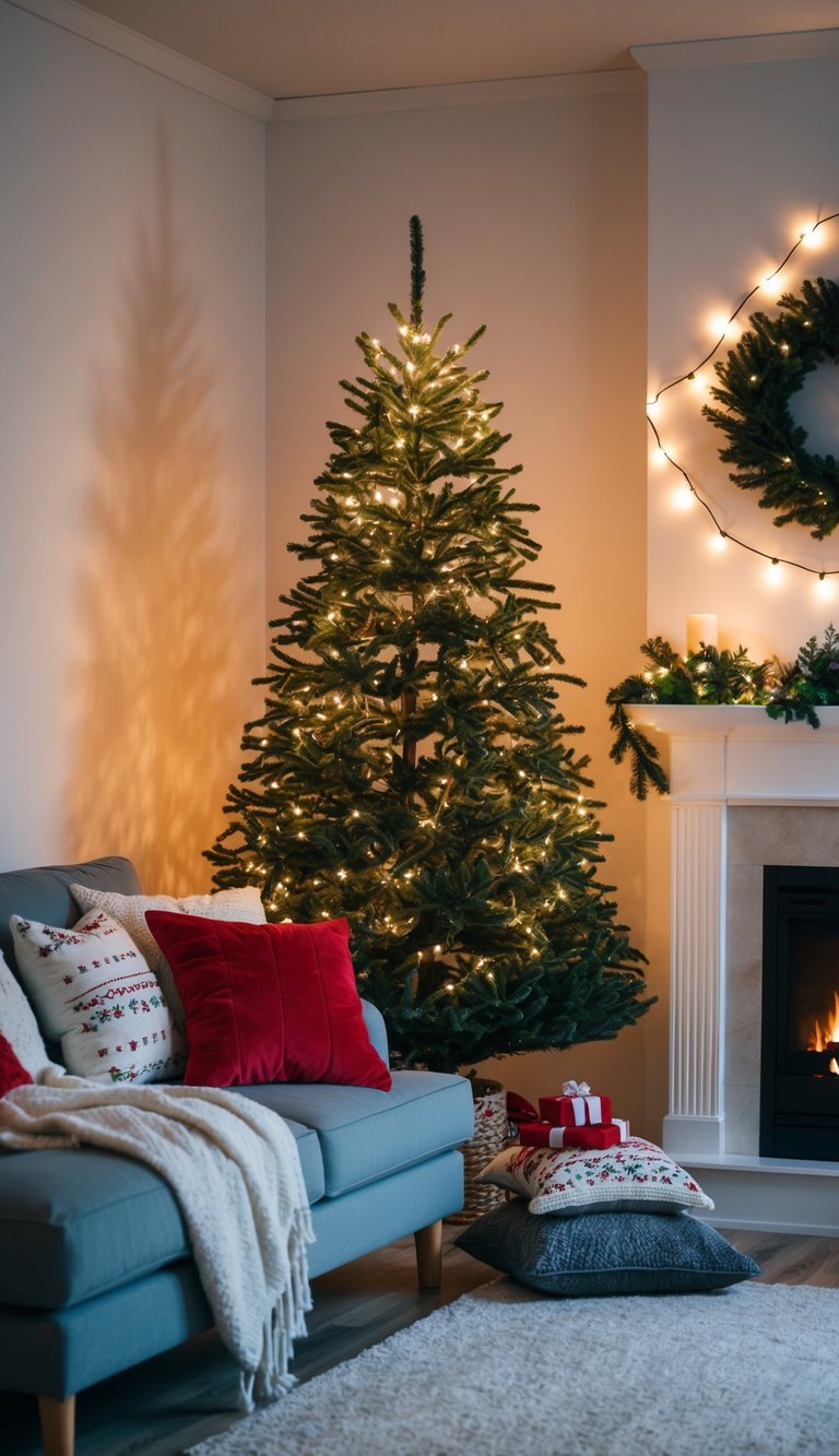 A small living room with a twinkling Christmas tree, soft blankets draped over a couch, festive throw pillows, a warm fireplace, and twinkling string lights