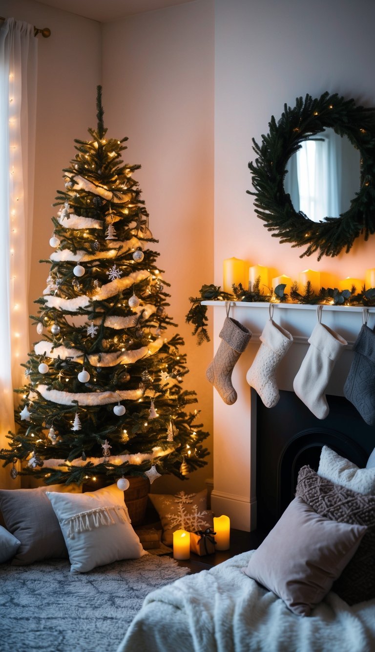 A small room with a twinkling Christmas tree, stockings hung on a mantel, cozy blankets and pillows, warm string lights, and festive candles