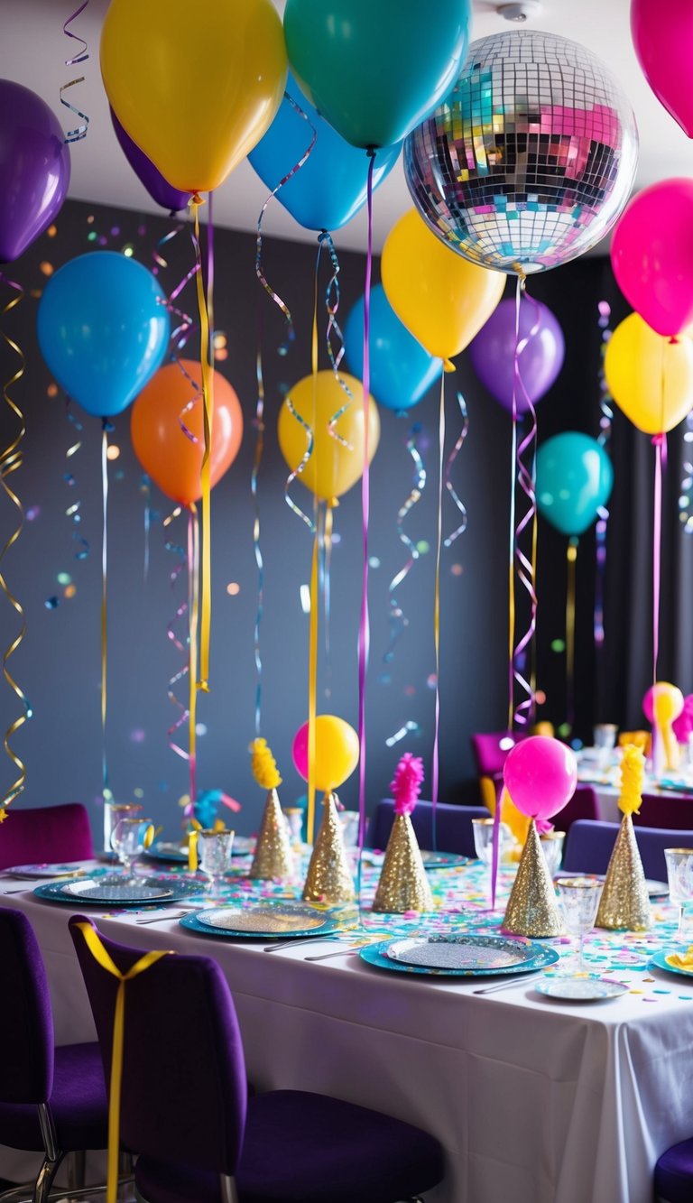 Colorful balloons, streamers, and confetti cover the room. A disco ball hangs from the ceiling, casting sparkling lights. A table is adorned with glittering centerpieces and party favors