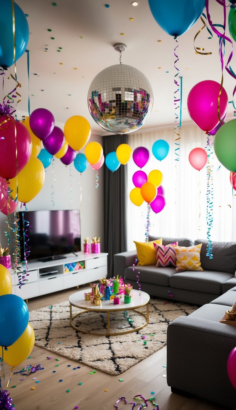 A living room adorned with colorful balloons, streamers, and confetti. A sparkling disco ball hangs from the ceiling, casting shimmering lights across the space. A table is set with festive centerpieces and party favors