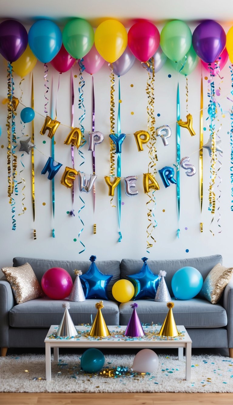 A living room adorned with colorful balloons, streamers, and confetti. A sparkling New Year's banner hangs above a table set with party hats and glittering decorations